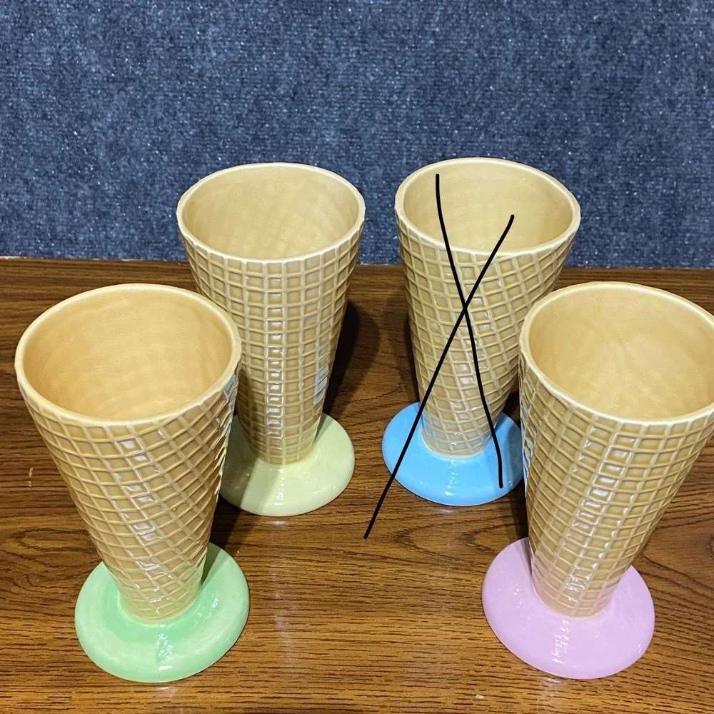 Vintage Set of 3 Ceramic Waffle‎ Cone Ice Cream Cups Dessert Dishes Pastel Japan